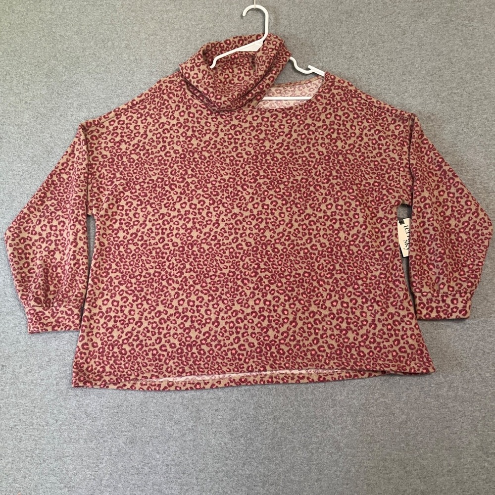 Terra & Sky Sweater Womens 1X Pink Turtle Neck Cut Out Long Sleeve Animal New